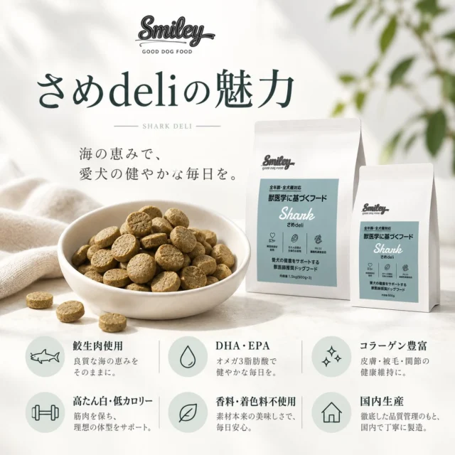🐶✨愛犬の毎日に、やさしさとおいしさを。

【Smiley さめdeli】は、
高たん白・低カロリーの鮫生肉を使用した、
全年齢・全犬種対応のドッグフードです🍽️

DHA・EPAやコラーゲンを含み、
愛犬の健康維持と若々しさをサポート✨

さらに、
✔ 純国産食材使用
✔ 主たん白源は生肉（生魚）のみ
✔ FK-23濃縮乳酸菌配合
✔ ノンオイルコーティング
✔ 小麦粉・小麦グルテンフリー
✔ 香料・着色料不使用
✔ 合成酸化防止剤無添加

など、毎日続けやすいうれしいポイントがたくさん🌿

お腹にやさしく、素材にもこだわったフードをお探しの方におすすめです😊

600g：¥3,400（税込）
1.5kg：¥7,400（税込）

気になる方はぜひチェックしてみてください🐾

#ドッグフード
#犬のいる暮らし
#愛犬の健康
#国産ドッグフード
#Smiley