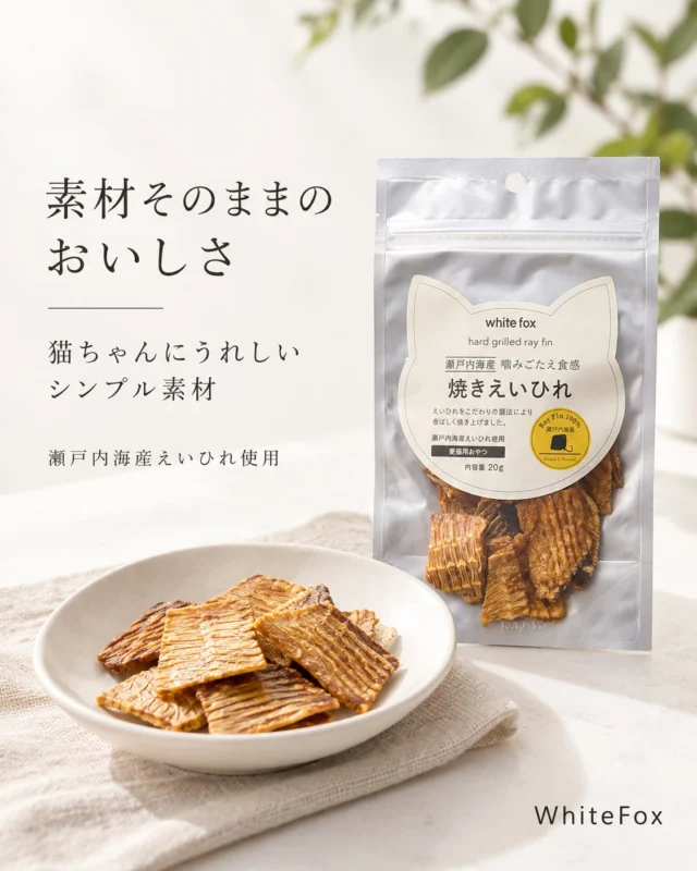 🐟✨ 愛猫に、瀬戸内海のごほうびを ✨🐈

【WhiteFox 瀬戸内海産 焼きえいひれ】

瀬戸内海産のえいひれを、香ばしく仕上げた愛猫用おやつです🐾
噛みごたえのある食感で、素材のおいしさをしっかり楽しめます💛

そのままはもちろん、割りにくい場合は電子レンジで約20秒温めると、パリッと割れやすくなります🙌
※温めた後は、冷ましてから与えてください。

✔ 瀬戸内海産えいひれ使用
✔ 香ばしい風味で食いつき◎
✔ ごほうびやおやつタイムにおすすめ
✔ 生後4ヶ月以上のねこちゃんに🐱

大切な愛猫に、素材のおいしさをそのまま届けたい方におすすめです🌿

¥860（税込）

#猫おやつ #愛猫のおやつ #ホワイトフォックス #えいひれおやつ #ペット用品