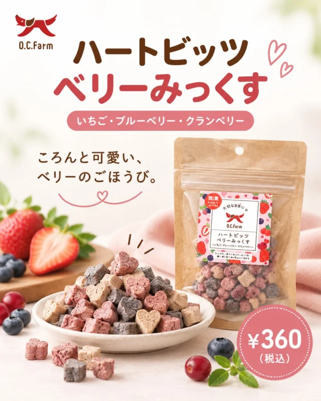 ころんと可愛いハート型おやつ🤎🍓🫐

OCファームの
「ベリーみっくす」は、
いちご・ブルーベリー・クランベリーを
贅沢に使った、見た目も可愛いごほうびおやつです✨

トレーニングのご褒美にはもちろん、
ノーズワークにも使いやすい
小さめサイズなのがうれしいポイント🐶🎶

国産素材を使用し、
米粉とおからパウダーで仕上げた
やさしいおやつです🌿

毎日のごほうび時間を
もっと楽しく、もっと特別に💐

【商品名】
ベリーみっくす（いちご・ブルーベリー・クランベリー）

【価格】
¥360（税込）

#犬用おやつ #ドッグトリーツ #ごほうびおやつ #ノーズワーク #peppyone